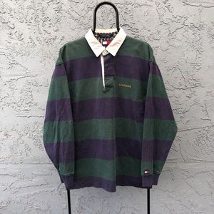 Vintage Tommy Hilfiger rugby polo striped green and blue shirt sz large